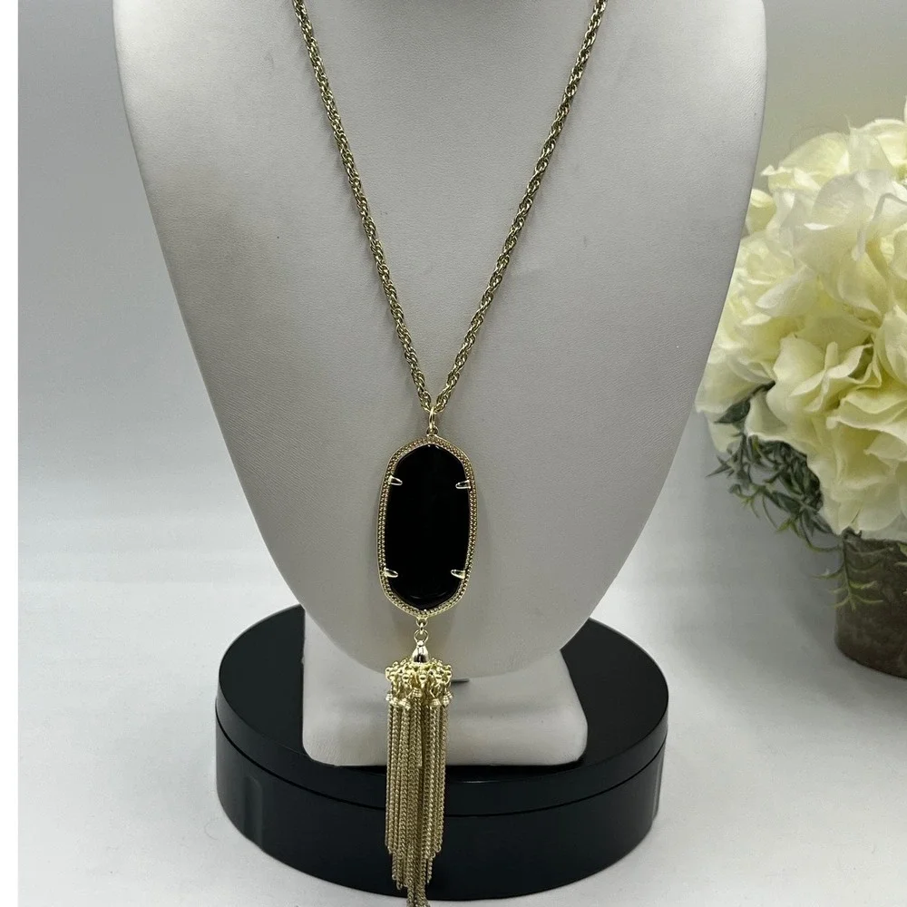 Kendra Scott Signed Rayne Black Lucite Acrylic Pendant Tassel Gold Tone Necklace